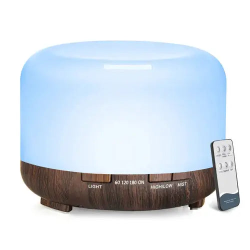 ColorMist Diffusion 500ML aroma diffuser with wood grain finish and remote control; your go-to for eco-friendly wellness and home spa experience 🌿✨