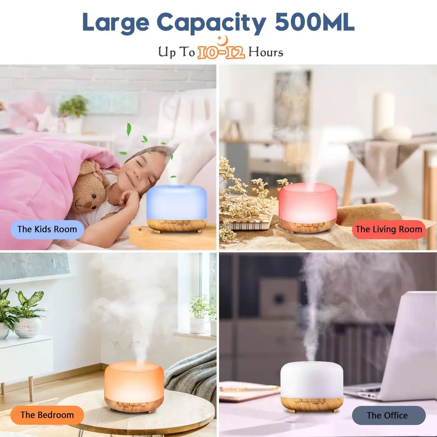 500ML ColorMist Diffusion aroma diffuser in kids room, living room, bedroom, and office for ultimate relaxation and stress relief. 🏡✨