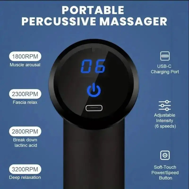 Portable percussive massager with adjustable speeds for deep relaxation, muscle arousal, and fascia relief. Ideal for stress relief and fitness recovery. 🌟💪