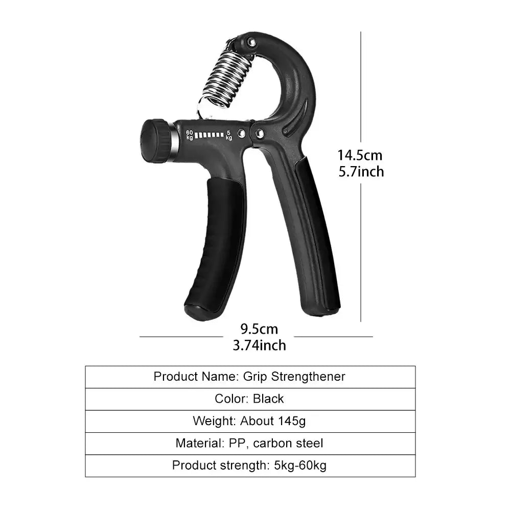 Grip strengthener with adjustable resistance, black, lightweight and sleek design, perfect for athletes, musicians, and self-care enthusiasts. 🏋️‍♀️✊