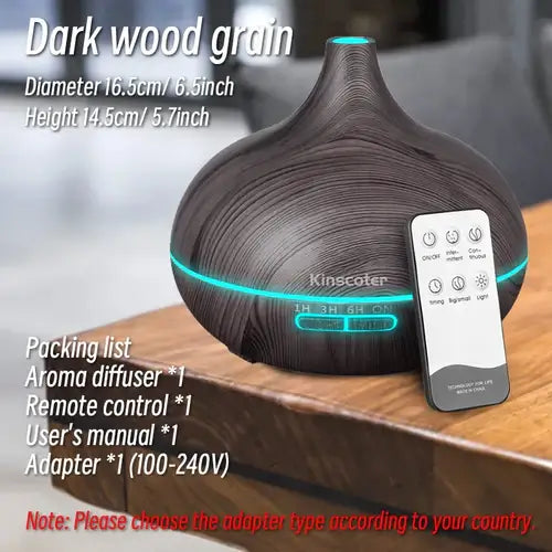 Dark wood grain Mistful Diffusion 5-in-1 essential oil diffuser with remote control on a wooden table, perfect for stress relief and home spa experience.