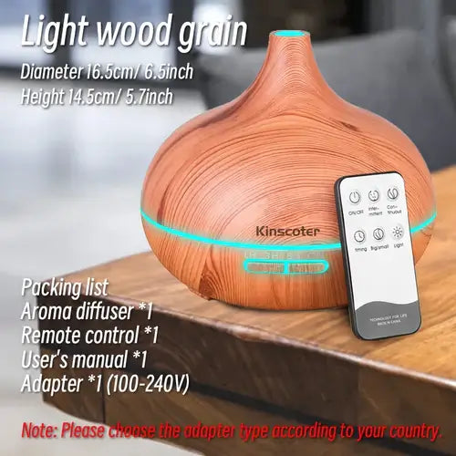 Light wood grain essential oil diffuser with remote control for self-care. Create a tranquil home spa experience with this compact humidifier.