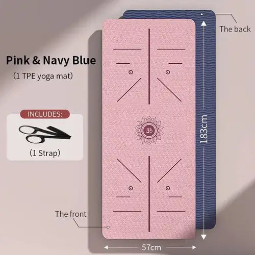 Premium eco-friendly yoga mat in pink & navy blue with anti-slip & anti-tear features. Includes strap. Perfect for self-care & fitness. 🌿💪