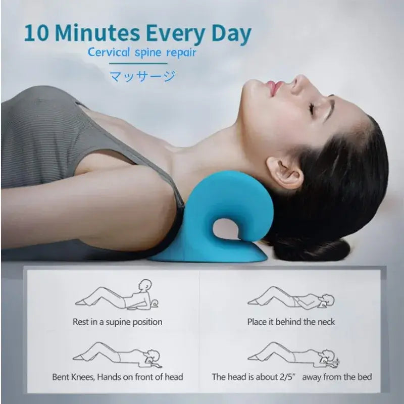 Woman using Tension Be Gone cervical traction device for stress relief and neck pain reduction, demonstrating self-care essentials for posture correction.