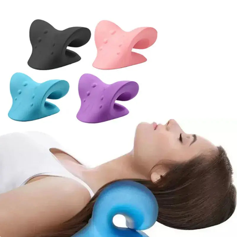 Woman using colorful cervical traction device for neck pain relief, showcasing self-care essentials and relaxation tools.