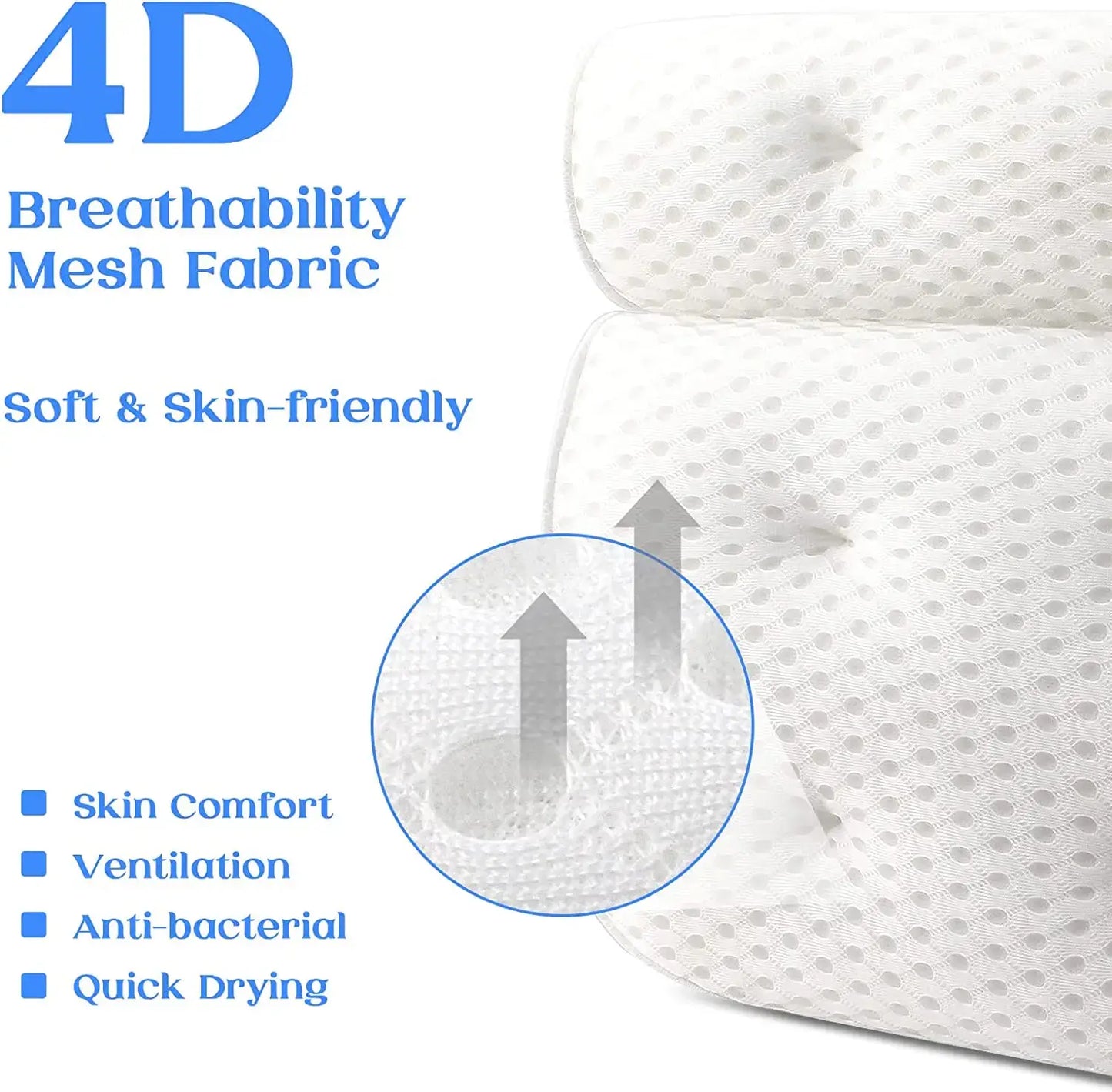 Discover breathable 4D mesh fabric for ultimate bath pillow comfort – anti-bacterial, quick-drying, skin-friendly relaxation tool! 🛁✌️