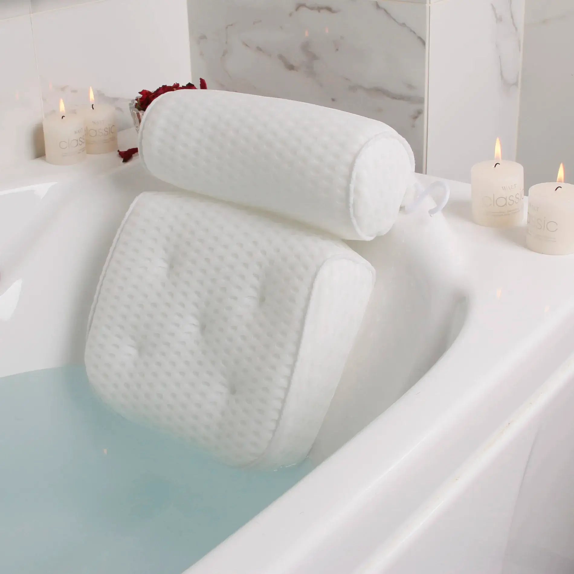 Luxurious Ultimate Bath Bliss Pillow for spa-quality relaxation and neck pain relief. Self-care essential for a mindful meditation home spa experience.